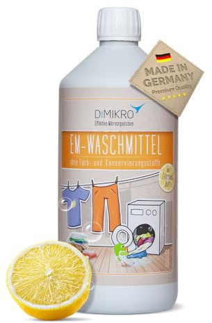 DIMIKRO EM Waschmittel Zitrone - 1 Liter - für Hand- & Maschinenwäsche | Langanhaltende Frische in Bio-Qualität - vegan und ohne künstliche Stoffe - ergiebig mit 60 ml pro Waschgang