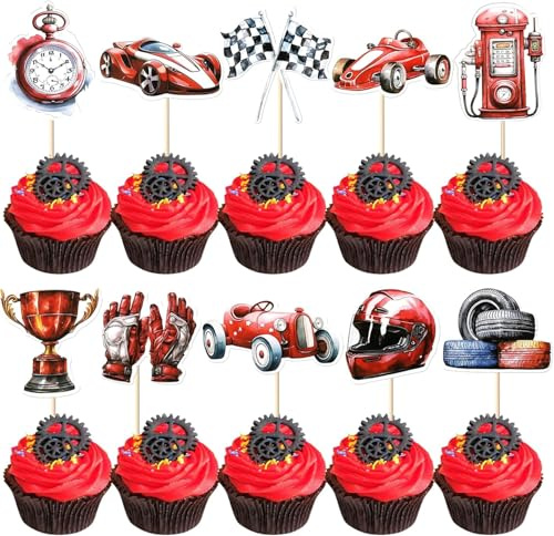 40 Stück Rennauto Cupcake Toppers Kampf Flagge Kuchen Deko Race Helm Handschuhe Tortendeko für Racing Sport Thema Baby Dusche Jungen Mädchen Geburtstag Party Cupcake Dekorationen