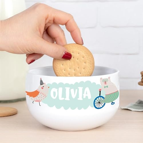 Wanapix | Personalised Breakfast Bowl with Handle | Ceramic Breakfast Bowl | Microwave and Dishwasher Safe | Cute Animals