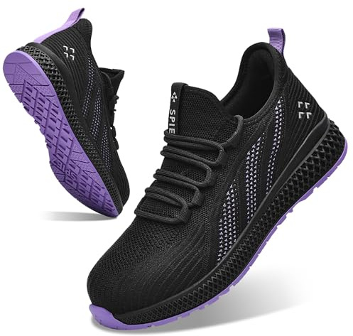 SPIEZ Chaussures de sécurité Femme, Chaussures de Travail légères avec Coque en Composite, Sneakers de sécurité sans Lacets antidérapantes, Noir-Violet, Taille EU 35-41