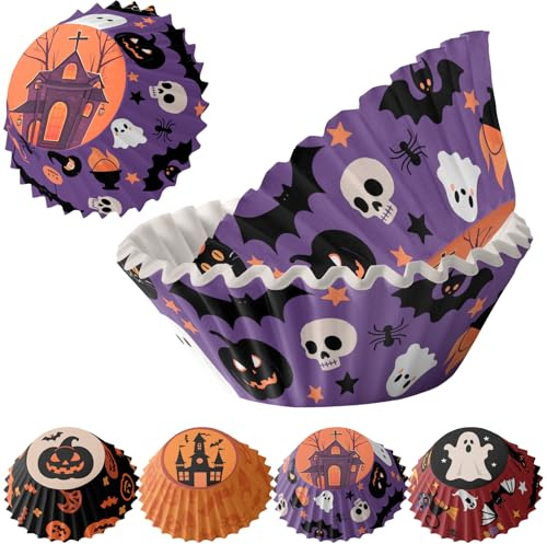 MORAINJAY 100pk Halloween Cupcake Cases,Standard Cupcake Liners,Muffin Liners Baking Cups,Purple Castle Wrappers Paper Halloween Cake Decorations for Trick or Treat Theme Party Supplies