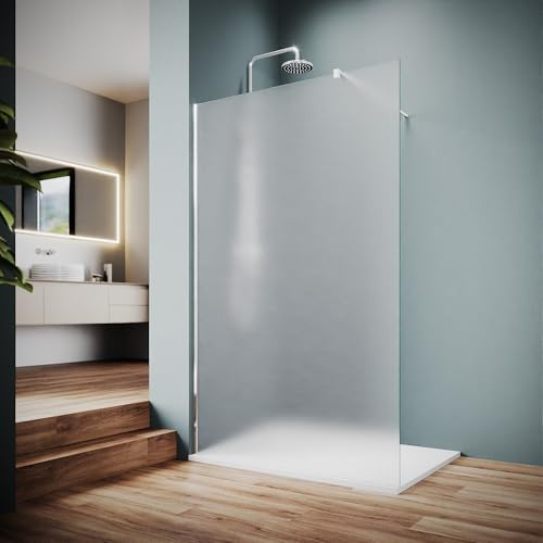 SUNXURY Walk In Box doccia 120 x 200 cm Walk In box doccia con piatto doccia bianco e asta di stabilizzazione, parete divisoria per doccia completamente satinata in vetro temperato da 8 mm