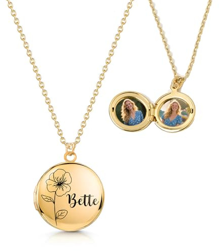 Presentimental Medallón Collar con Foto Personalizada Colgante Circular con Flor de Cumpleaños Nombre Regalo para Mamá Hija Esposa Novia Abuela (oro)