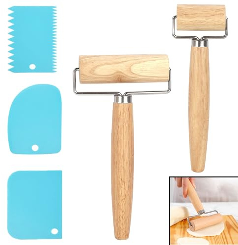 2 Stück Nudelholz, Teigroller Klein und Mittlere Holz Teigausroller mit 3 Teigschaber Smooth Rolling Pin T-förmige für Pizzateig Kuchen Desserts Knödelhäuten