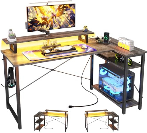iSunirm L-förmiger Gaming-Schreibtisch mit LED-Licht und Steckdosen, Computertisch mit Ablageflächen, umkehrbarer Eckschreibtisch mit Monitorständer zum Lernen, 120 x 70 cm, Graueiche