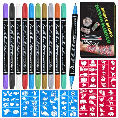 Rotuladores Tatuajes Niños, 10 Marcadores Corporales de Metal + 80 Plantillas de Tatuaje, Niños Adultos, Colores Brillantes, Pintura Corporal DIY, Secado Rápido y Lavable