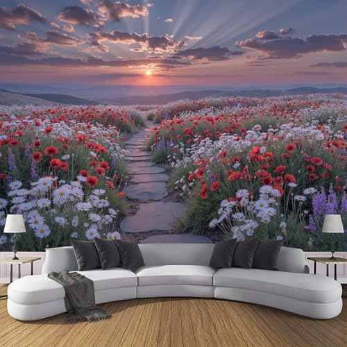 Carta Da Parati Effetto 3D Campi Papaveri 430×300cm, Fotomurali Non Tessuto XXL, Decorazione Poster Arte Murale Natura Alba per Casa Ufficio Camera Letto Soggiorno