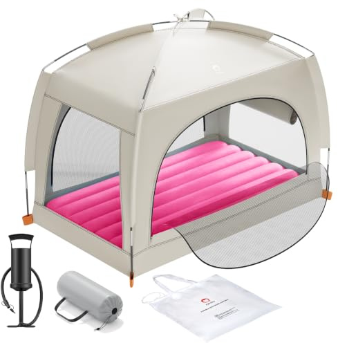 QPAU Letto gonfiabile da viaggio per bambini con tenda – Materasso ad aria per bambini leggero con pompa a mano – soluzione portatile per dormire per interni ed esterni, per campeggio, viaggi, casa