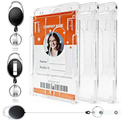 Kartenhalter Ausweis 3er Set, Zweilagiger Ausweishalter mit Ausziehbarer Schlüsselanhänger Clip, Transparenter Hartplastik Kartenhülle für Dienstausweis, ID Karten, Mitarbeiterausweis (Vertikal)