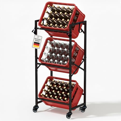 Roxlin Getränkekistenregal für 3/6 Kisten – Schwerlastregal aus Metall für Bier- & Wasserkisten – Getränkeregal mit Ablage – Tragkraft 600 kg – Küche Keller Vorratsraum (3 Kisten auf Rollen)