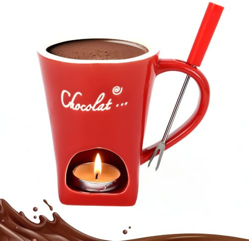 sudatong Schokofondue Tasse 130ML Keramik Schokoladenfondue Tasse, Schoko Fondue Becher Set mit Gabel, Mehrzweck Chocolate Fondue Set für Schokolade Käse Butter Karamell
