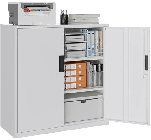 YOUDENOVA Aktenschrank, 90 x 90 x 40 Metallschrank abschließbar mit 2 Türen, Mehrzweckschrank mit 3 Ebenen, verstellbare Ablagen, Werkzeugschrank für Büros, Ateliers und Garagen, Weiß