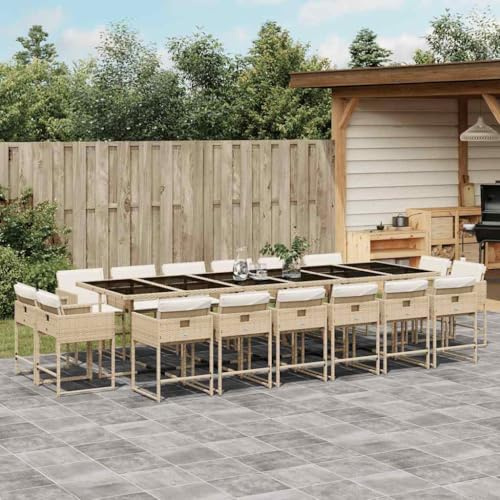 RMIHSJG 17-TLG. Gruppo da giardino con cuscino Beige Poly Rattan, sedie pieghevoli e piano in vetro per terrazza, mobili da esterno durevoli con rivestimenti rimovibili. Questo titolo soddisfa