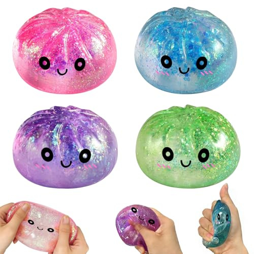 Dumpling Squishy Glitter Mystery, 4 Stück Squishy Dumplings Buns Mystery Box, Stressbälle Antistressball Fidget Cube Antistressbälle Stressball Mitgebsel Kindergeburtstag Geschenke.