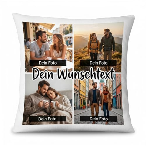 LOOXIS Fotokissen Personalisiert mit 4 Fotos & Wunschtext – 40x40 cm Collage Kissen inkl. Füllung – Persönliches Geschenk Geburtstag Muttertag Vatertag Jahrestag Weihnachten - 4er Collage & Text