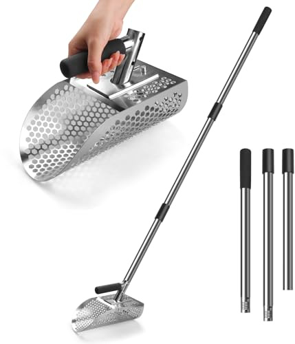 Sandschaufel Edelstahl für Metalldetektor, 114 CM Langer Griff Abnehmbare Metalldetektor-Schaufel - Schwerlast, Rostfrei Rostfrei Sandflohharke für Sand Sichtung, Schatzsuche, Unterwasser-Suche