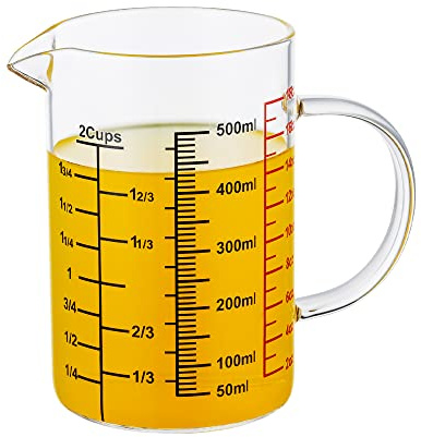 Ackers BORO3.3 Glass Measuring Cup-[Insulated handle | V-Shaped Spout]-Made of High Borosilicate Glass Measuring Cup for Kitchen or Restaurant, Easy to Read, 500 ML (16 Oz, 2 Cup)