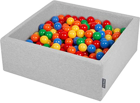 KiddyMoon Bällebad 90X30cm/200 Bälle ∅ 7Cm Bällepool Mit Bunten Bällen Für Babys Kinder Quadrat, Hellgrau:Gelb/Grün/Rot/Orange
