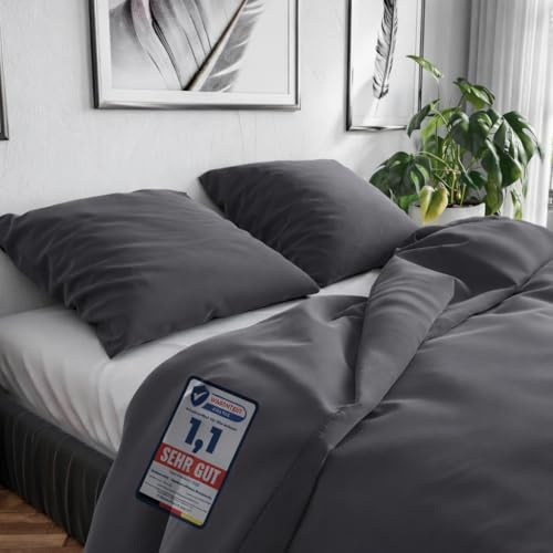 Wolkenfeld Bettwäsche 200x220 Baumwolle Reforcè Oeko-TEX – Bettwäsche-Sets Mit Bettbezug 200x220 2 Kissenbezug 80x80 – Atmungsaktiv & Pflegeleicht – Bettwäsche Mit Reißverschluss – Anthrazit