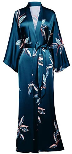 BABEYOND Mångfaldig morgonrock, blad, mönster, maxi, kimono, sommar, satin, badrock, dam, strandklänning, lätt sovrock (mörkgrön, one size)