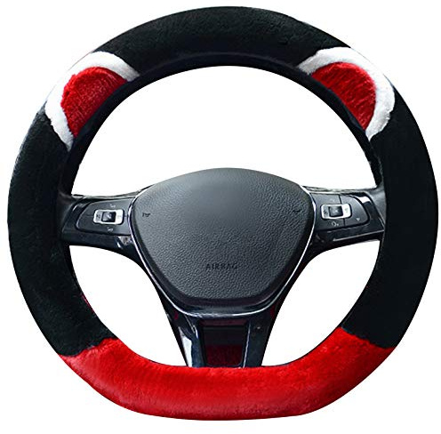 XuanMax D Form Winter Plüsch Lenkradhüllen 15'' Weich Warm Lenkradbezug Lenkrad Abdeckung 38cm Lenkradschutz Lenkradabdeckung Lenkradschoner für Weibliche Frauen Mädchen Damen - Schwarz Rot