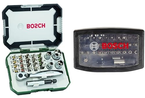 Jeu de 26 embouts de tournevis et cliquets Bosch (qualité extra dure) & 32 pièces Coffrets de vissage Extra Hard (PH, PZ, T, TH, S, HEX-Bit, Accessoires Perforateurs et Visseuses)