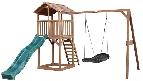 AXI Beach Tower parco giochi in legno in marrone | Torre di gioco per bambini con sabbiera, altalena a nido e scivolo verde | Casa per bambini su palafitte per il giardino