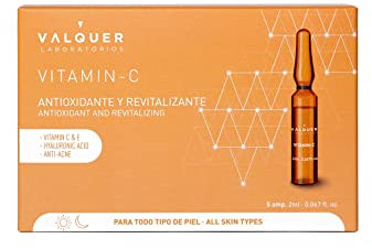 Fiale per il viso alla vitamina C Valquer Laboratorios. Siero per il viso. Antiossidante e balsamo. Tutti i tipi di pelle. Con acido ialuronico. Antiacne - 5 Pz X 2 Ml