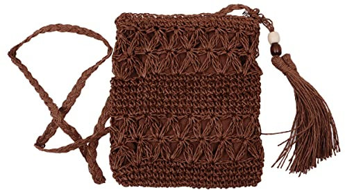 WANGCL Damen Sommer Strand Strohtasche mit Quaste, Mini-Strohhandtaschen mit Reißverschluss, gewebt, handgefertigt, Umhängetasche, Bohemian-Schultertasche (braun), braun