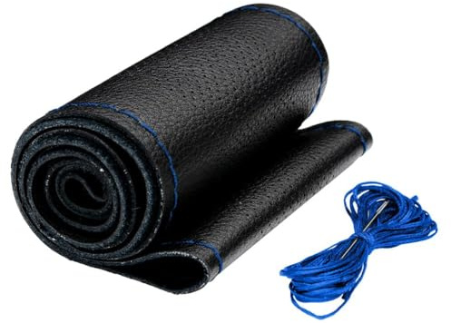 AUTOXBERT Echtes Leder Lenkradbezug, DIY Lenkradbezug zum Aufnähen, Universal 37-39 cm Auto Lenkrad Schutzhülle mit Nadel und Faden, Lenkradschutz rutschfest（BLAU）