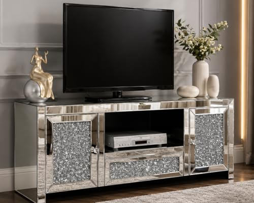 Large CRUSHED DIAMOND TV UNIT WITH CRYSTALS ON DOORS !! ASSEMBLED-140cm