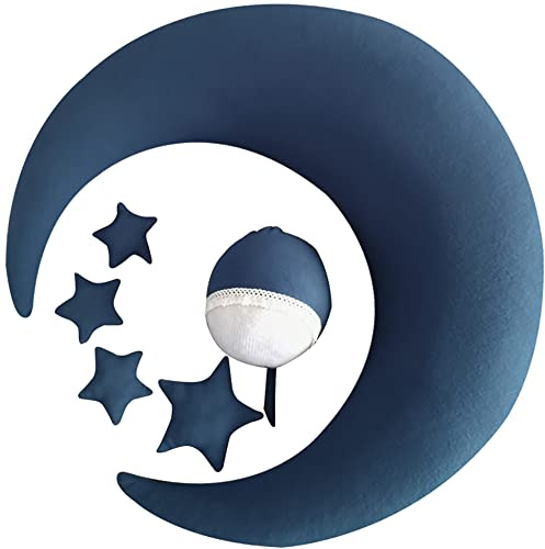 Newborn Photography Props,Crescent Moon Posing Pillow and Stars for Infant Photo Shooting Baby Poser Positioner Cushion Basket Filler Props Sets (Moon Pillow + 4 Star Accessories + 1 Hat) Blue
