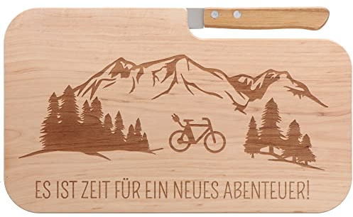 Spruchreif | Brotzeitbrett mit Messer Es ist Zeit für ein neues... – Graviertes Holzbrett mit E-Bike-Motiv | Lustiges Geschenk für E-Bike-Fahrer & Radfans