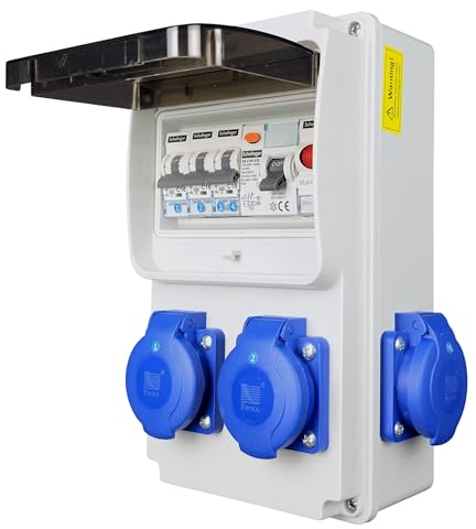 RoadEu Stromverteiler 230V IP44 | 4× Schuko Steckdosen | FI-Schalter 40A Typ A/AC + 3× LS C16 | LED-Signalleuchte | Vorverdrahteter Baustromverteiler für Wandmontage