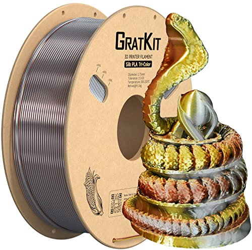 GratKit Tricolor Silk PLA Filament 1,75mm 1kg Spule, Dreifarbiges 3D-Drucker Filament mit +/-0,03mm Präzision, Einfach zu drucken, Gold Silber Und Rot Kupfer