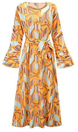 Hndudnff Damen Frühling Herbst Urlaub Vintage Druck Strand Büro Gürtel Plissee Langarm Party Robe, Orange, 46