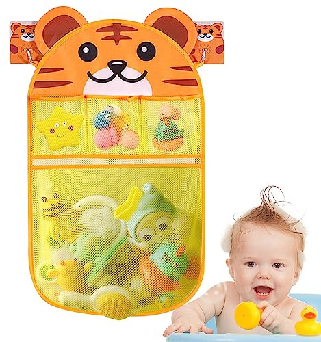 Badewannen spielzeug aufbewahrungsnetz, badespielzeug aufbewahrung badespielzeug Schnelltrocknend Netter Tiger badespielzeug netz 4 Fächer Bad Spielzeug Tasche mit 2 Klebehaken