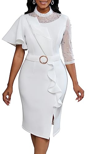 VERWIN Women's Mesh Patchwork Bodycon Midi Dress With Bead Long Sleeve Ruffle for Prom and Party