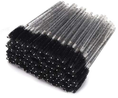 Tbestmax 100 Pcs Disposable Mascara Wands, Crystal Eyebrow Spoolies Brush for Eyelash Extensions, Black Lash Brushes