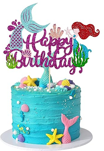 Gyufise 1 x Meerjungfrau-Kuchenaufsatz Happy Birthday, Glitzer, Meerjungfrauen-Kuchendekoration, Koralle, Meerjungfrauenschwanz, Kuchendekoration für unter dem Meer, Babyparty, Geburtstag,