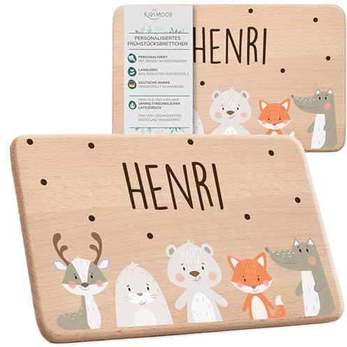 KIDSMOOD - Individuelles Bretchen Kinder Holz, Niedliches Frühstücksbrettchen personalisiert mit Wunschnamen und Tier-Motiv, Als Taufgeschenk und Babygeschenk