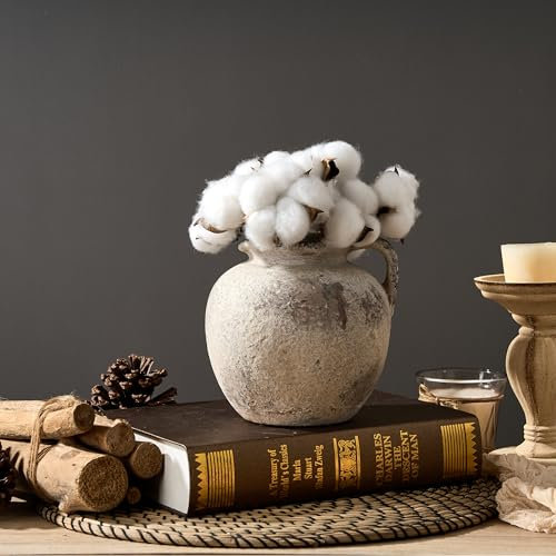 PORCER Vaso in terracotta antica con manico, 14 cm, vaso decorativo in ceramica stile bohémien, vaso rustico per decorazione domestica, soggiorno, tavolo, matrimonio, design invecchiato, grigio