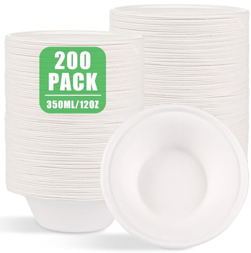 FWEEK 200 Stück Einweg-Suppenschalen aus Zuckerrohr, 350 ml, Weiß | Runde Pappschalen für Salate, Snacks und Desserts bei Feiern, Catering und Take-away