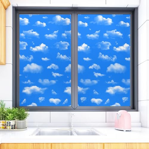 Fensterfolie Blauer Himmel Wolke Fensterfolie Blickdicht Anti-UV Sichtschutzfolie Fenster Milchglasfolie Zuhause Büro Folie Fenster Sichtschutz Window Film 3P/45x100cm