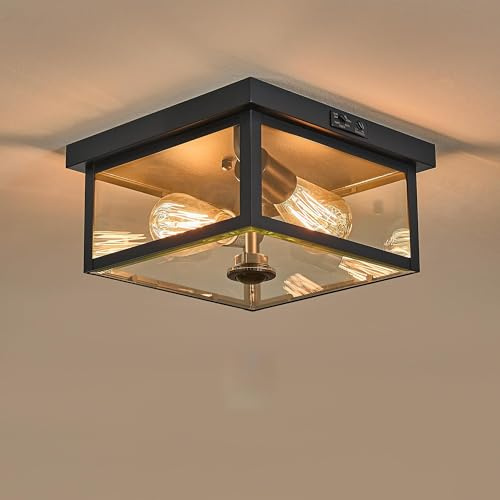 Adjustable Motion Sensor Ceiling Light Fixture Outdoor Modern Design of Squares Flush Mount 2-Light Textured Black Fixture with Clear Glass for Your Porch,Garage,Patio,Hallway,Front and Back Yards