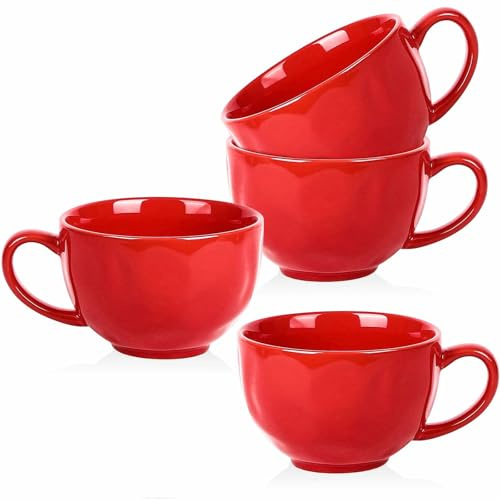 vicrays Jumbo Soup Mug Coffee Large - 27 oz Ceramic Wide Oversized Extra Big Handle Bowls Latte Friends Mug Set Gaint Cereal Oatmeal Cappuccino Cup Set of 4 - Red