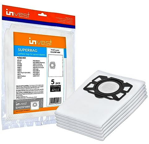 Invest - Staubsaugerbeutel Ersatz, Filtertüten Beutel Kompatibel mit Kärcher: KFI 357, KA 40, SE 4001, SE 4002, KWD 1, KWD 2, KWD 3, WD 2 Plus V-12/4/18/C, WD 3, WD 3 Premium, WD 3 P - Weiß, 5 Stück