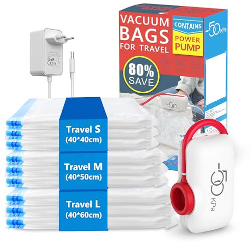 Vakuumbeutel für Kleidung mit Elektropumpe, 50Kpa Saugkraft, 9 Reisetaschen, 3 Größen(40x40cm, 40x50cm, 40x60cm) Wiederverwendbare Vakuumierbeutel, platzsparende Tasche für Kleidung, Reiseutensilien