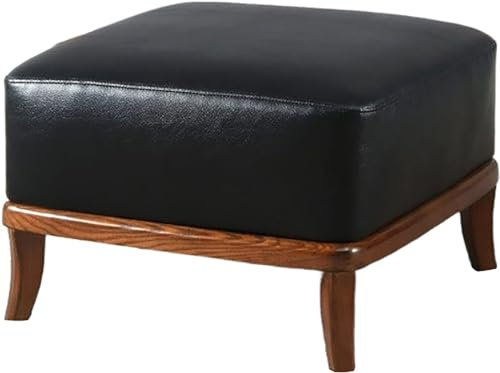 Runder Premium-Fußhocker aus Leder – stilvolle und funktionale Ottoman-Fußstütze mit Massivholzbeinen für Wohnzimmer – moderner Fußhocker und multifunktionaler Akzentsitz (quadratisch, schwarz, 41 x