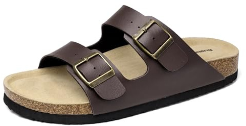 Mesing Sandalias Mules Mujer Hombre Verano Plana Hebilla Punta Abierta Sandalias de Pala Cómodo Piel de Ante Pantuflas de Corcho XZ490-Brown-EU38